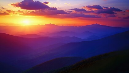 Obraz premium Vibrant Sunset Over Rolling Mountain Ranges