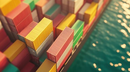 Obraz premium Overhead view of a bustling cargo port with colorful shipping containers, vibrant industrial scene under bright natural sunlight