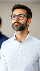 Obraz premium thoughtful man with glasses and beard, wearing dotted shirt