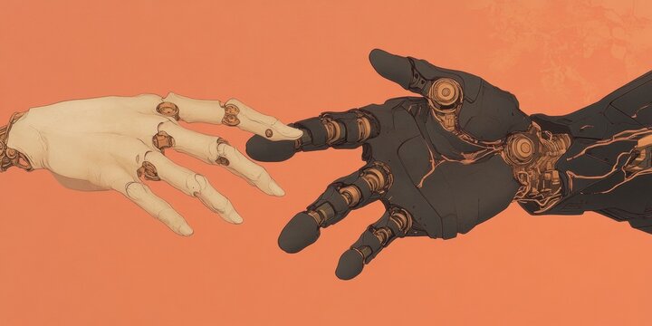 Robotic hand touch other robotic hand. Gesture of connection, symbolizing AI kindness and innovation. Robotics and artificial intelligence banner concept in anime comic style. Cyborg biorobot tech