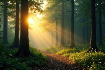 Obraz premium forest trees illuminated by sunlight filtering, sky, natural, light