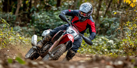 Dynamic motocross rider navigating through woodland terrain
