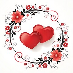 Romantic Valentine's Design Featuring Two Red Hearts with a Floral Wreath &ndash; Elegant Black and Red Ornate Swirls on a White Background, Perfect for Greeting Cards, Love Symbols, and Decorative Flourish