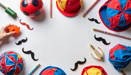 Obraz premium A flat lay image featuring classic April Fools' Day prank items, including fake mustaches, trick balls, and joke glasses. The bright colors make it visually appealing for prank-related content.