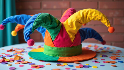 A bright and festive jester hat surrounded by party decorations. The traditional fool’s hat is a symbol of April Fools' Day and comedy, often worn for jokes and fun.