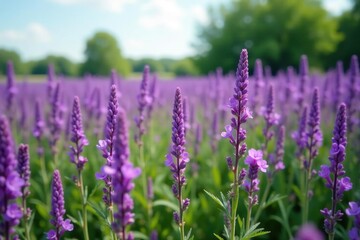 Obraz premium A field of purple flowers with a few green trees in the background, wildflowers, purple flowers