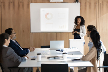 Young African American business leader woman presenting project on large white board to multiethnic...
