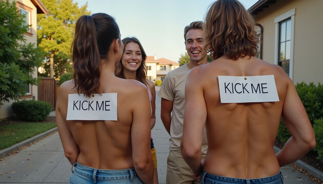 Two friends are walking outdoors, unaware that they each have a "Kick Me" sign taped to their backs. This classic prank is a timeless joke often played on April Fools&rsquo; Day.
