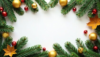 Seasonal flat lay of evergreen pine branches, golden ornaments, and natural elements, elements, autumn