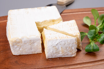 French soft squared pont l'eveque cow cheese from Calvados department, Normandy, France