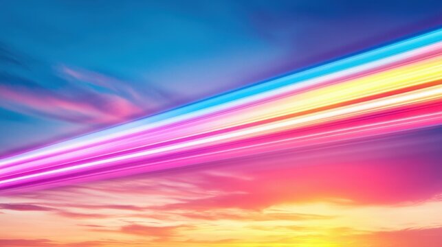 Dynamic streaks of light over an urban bridge under a vibrant twilight sky, dynamic and colorful urban setting