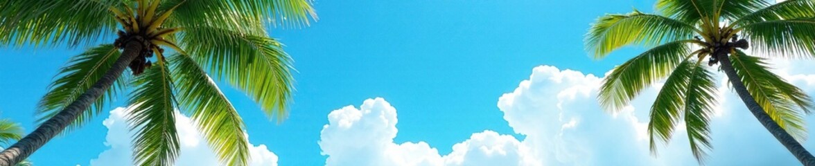 Fototapeta premium Coconut tree leaves rustle softly in the breeze as fluffy white clouds drift across the bright blue sky, branches, relaxation