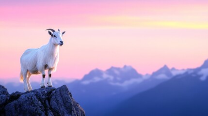 Majestic Goat on Mountain Peak at Sunrise - A serene white goat stands proudly atop a rocky outcrop, symbolizing strength, resilience, freedom, peace, and grace against a breathtaking sunrise backdrop