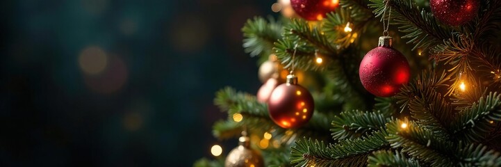 Ornate decorated Christmas tree with ornaments and lights, decorated, colorful