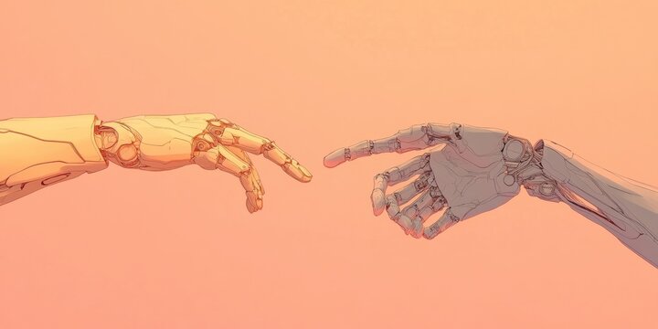 Robotic hand touch other robotic hand. Gesture of connection, symbolizing AI kindness and innovation. Robotics and artificial intelligence banner concept in anime comic style. Cyborg biorobot tech