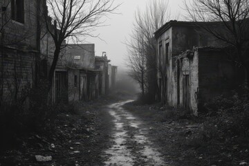 Obraz premium an old abandoned street in the middle of a foggy day