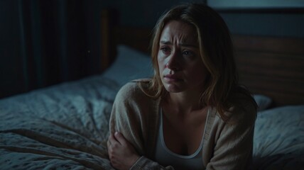 Fototapeta premium Depressed woman sitting on the bed at night, she is sad and suffering from insomnia