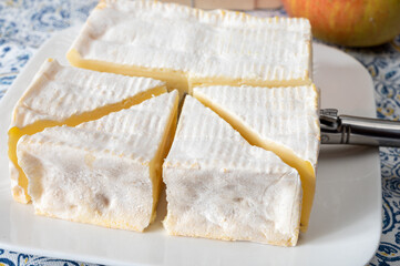 French squared pont l'eveque cow cheese from Calvados department, Normandy, France