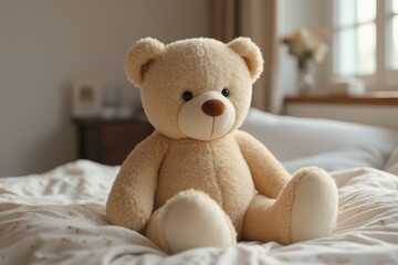 a teddy bear sitting on a bed in a bedroom