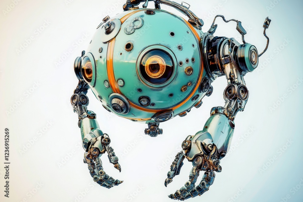 Poster futuristic robotic sphere with articulated arms in a minimalist setting