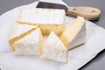 French soft squared pont l'eveque cow cheese from Calvados department, Normandy, France