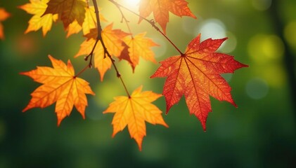 Maple branch's intricate shape soaks up sunlight, tree, foliage, leaves