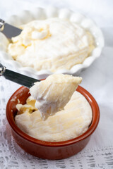 Eating of french dauphinois cheeses collection, Saint-Marcellin, Saint- Felicien cow's milk cheese with white mold from Rhône-Alpes region of France