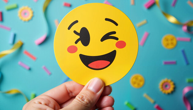 A close-up of a hand holding a winking laughing emoji card with a festive background, symbolizing humor and pranks.