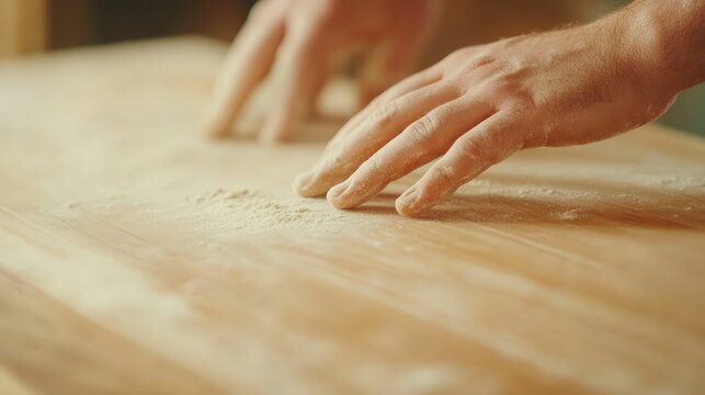 A close-up of hands shaping dough on a wooden surface, artistic and precise baking detail