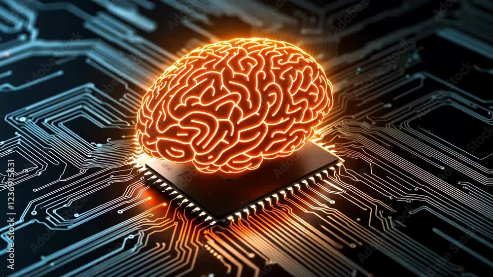 Aufkleber a glowing brain sits on a circuit board, symbolizing the fusion of technology and intelligence in a 