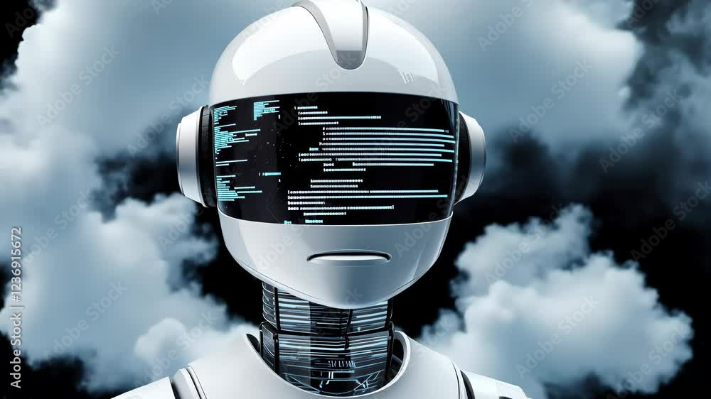 Poster a futuristic robot with a cloud-like halo and a digital display for a face, embodying the fusion of 