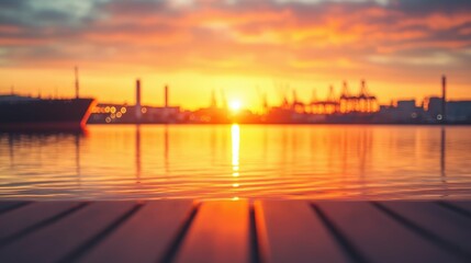 Fototapeta premium Container ship leaving the dock at golden hour, serene industrial atmosphere with warm reflections and vibrant tones