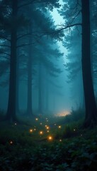 Foggy forest with misty trees and glowing fireflies, foggy, mystical, fireflies