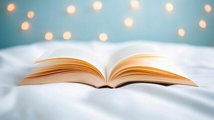 open book with softly lit pages, neutral background, clean and inviting minimalistic design