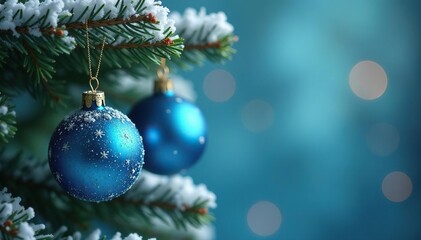 Obraz premium Snowy blue glass ball ornaments hang from a fir tree branch, Christmas decorations, winter wonderland, festive decor