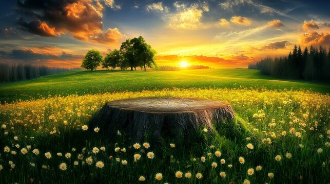 Serene Sunset Meadow Landscape Tree Stump Wildflowers Golden Hour