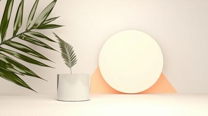 Minimalist interior design with geometric shapes and green foliage