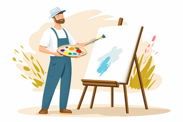Talented artist painting a beautiful illustration on an easel with colorful brushes and vibrant art paint in a creative arts studio.