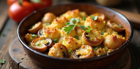 Baked mushrooms and crumbled Georgian sulunguni cheese in a golden-brown oven dish, earthy flavors, fungi, baked goods