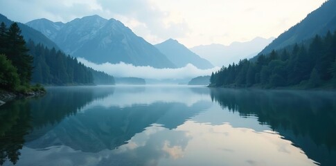 Foggy lake scene with reflection of surrounding mountains, Pacific Northwest, wilderness