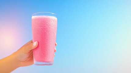 Obraz premium Hand holding a glass of detox smoothie in a sunny outdoor setting, vibrant and health-focused lifestyle composition