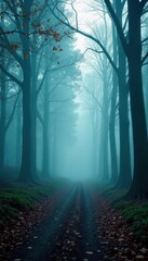 Naklejka premium Foggy forest with misty trees and eerie atmosphere, forest, atmospheric conditions
