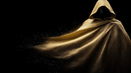 Mysterious Figure in a Golden Cape:  A hooded figure shrouded in mystery stands against a dark background, their golden cape billowing in the wind, creating an ethereal and enigmatic atmosphere. 