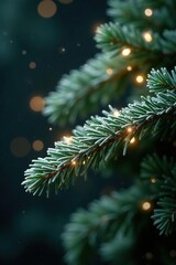 Sparkling white lights on frosted evergreen branch, light, shine, greenery