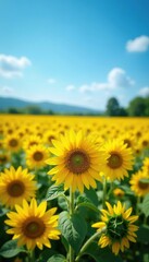 Obraz premium Yellow sunflower fields in a serene blue landscape, peaceful, sunny
