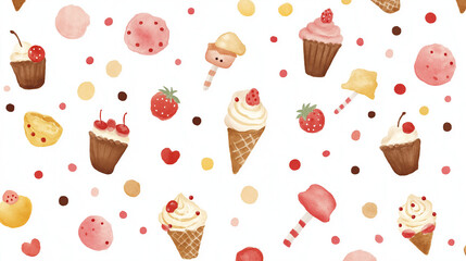 Sweet Treats Pattern: A delightful seamless pattern featuring an array of delicious cupcakes, ice cream cones, strawberries, and candy, perfect for adding a touch of sweetness to any design project.