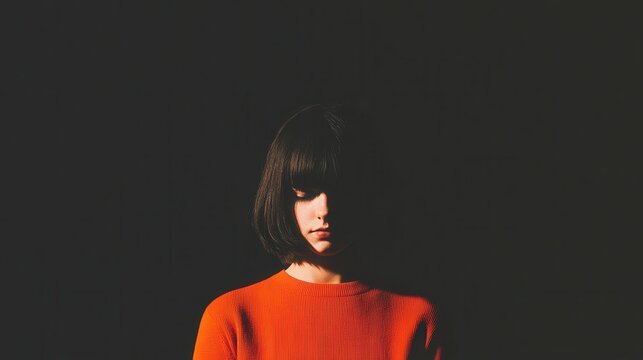 Sad teenage girl with her head down, sitting in a dark room with soft light creating an emotional and introspective setting