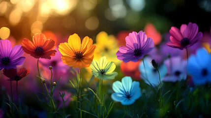 Colorful cosmos flowers at sunset, garden background, nature wallpaper