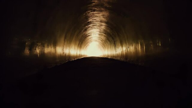Flying through an abstract glowing tunnel. Speleology artificial cave dark tunnel excavation underground. Old adit for the extraction of metal and rocks