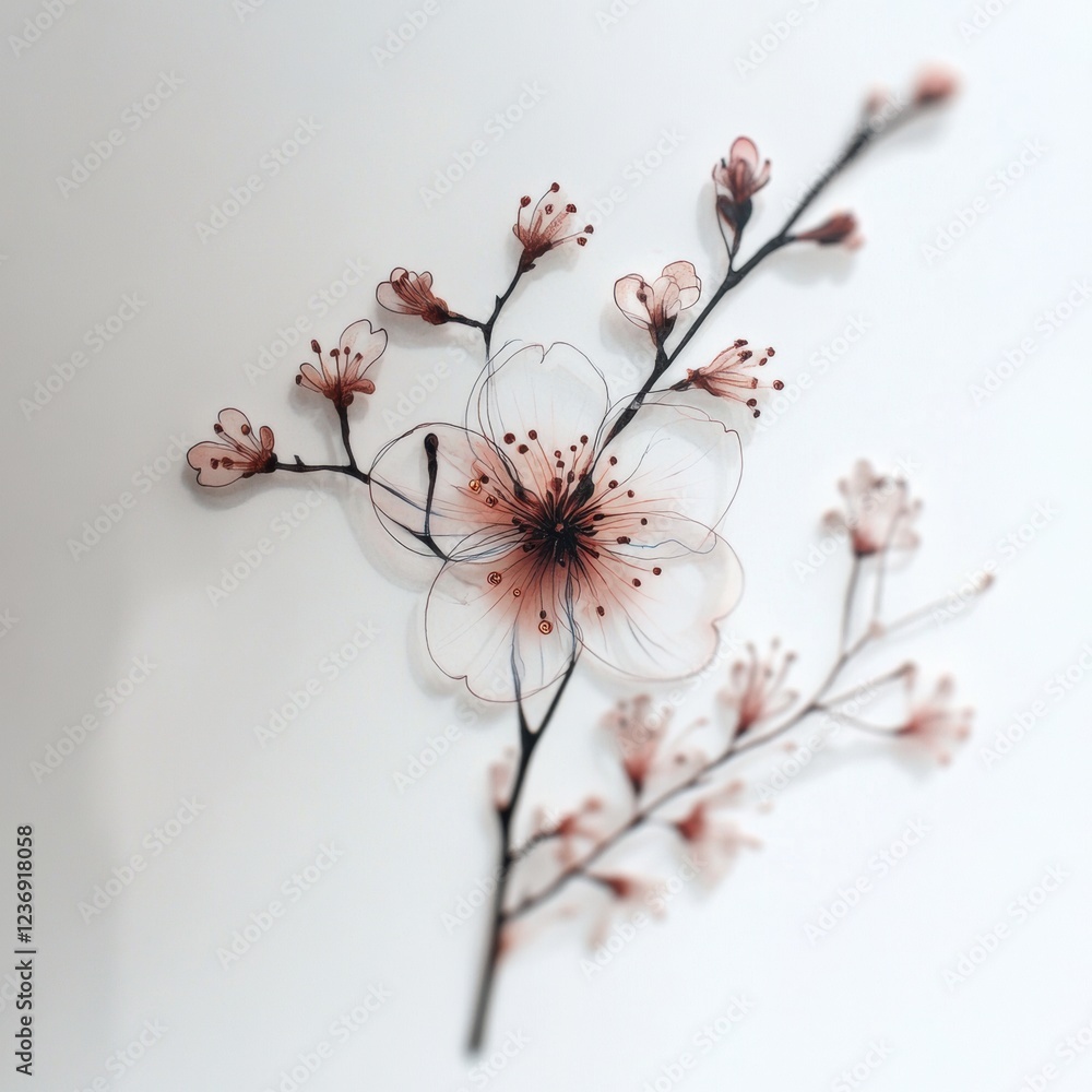 Poster delicate cherry blossom branch with intricate details displayed on a minimalist background. generati